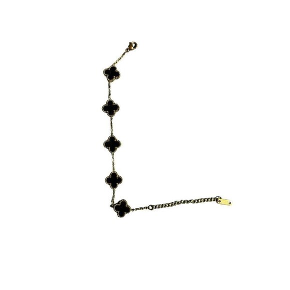 PLATED GOLD BLACK CLOVER BRACELET IRISH SHAMROCK STAINLESS STEAL - Picture 1 of 3